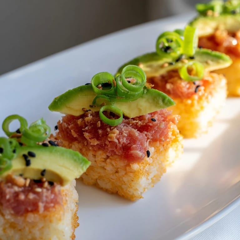 Crispy edges and a vibrant topping make this Spicy Tuna Crispy Rice picture mouthwatering for sushi lovers.