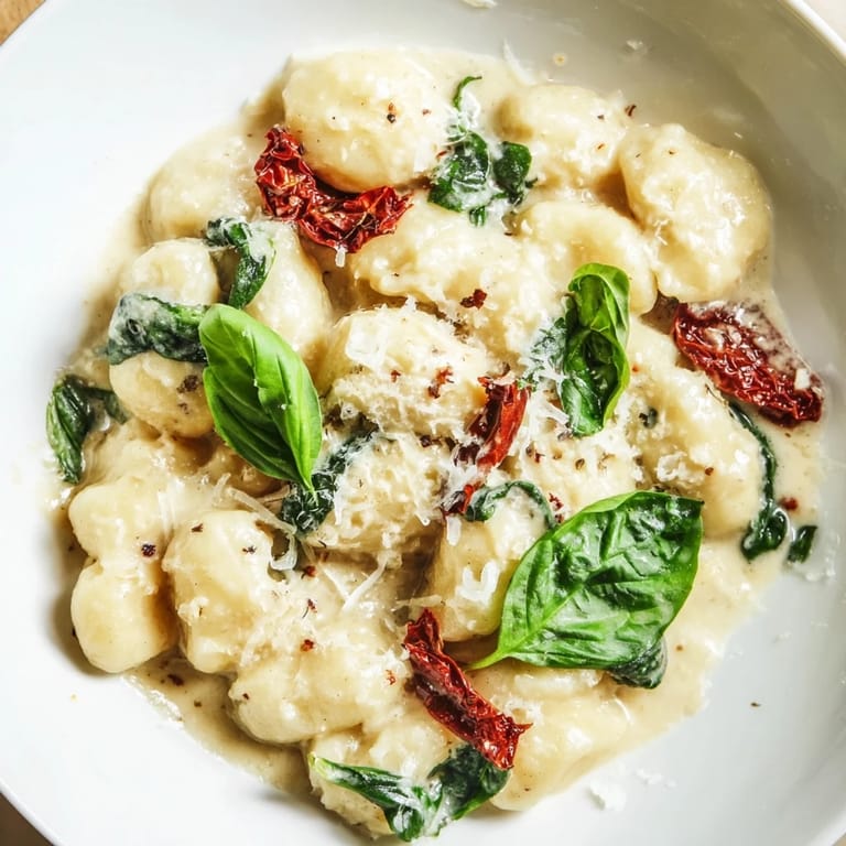 Savor the fragrant garlic aroma of this Creamy Tuscan Gnocchi, a comforting Italian vegetarian skillet meal.