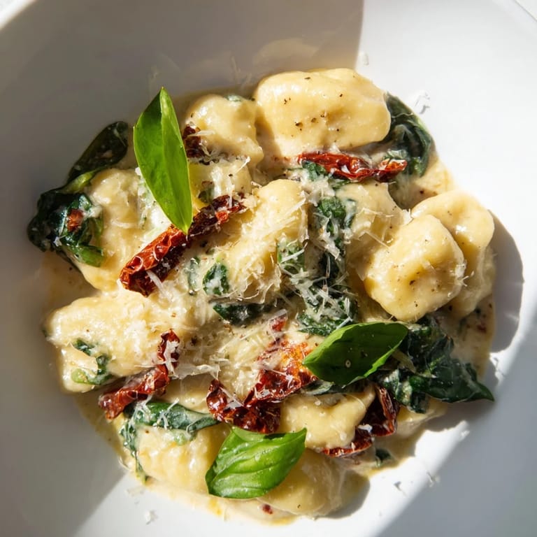 A close-up shot of Creamy Tuscan Gnocchi, garnished with fresh basil, ready to serve and enjoy.
