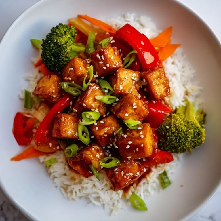 A close-up of delicious Honey Garlic Tofu Bowls, ready to serve over fluffy jasmine rice.