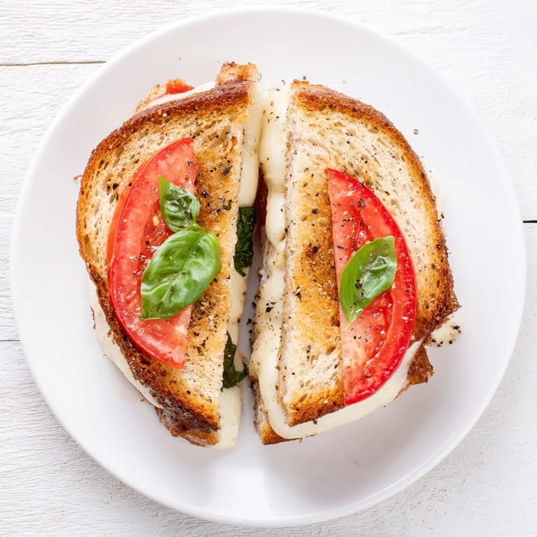 A close-up of a delicious tomato basil grilled cheese, showing vibrant tomato and basil layers.