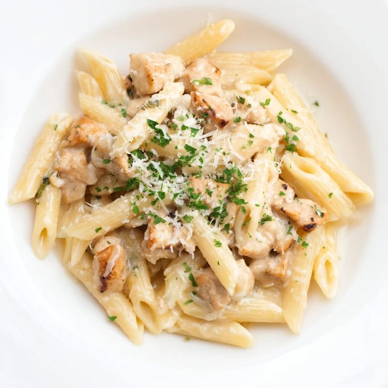 Tender chicken and pasta simmering in a skillet of Quick Garlic Parmesan Chicken Pasta, a delicious, one-pan meal.