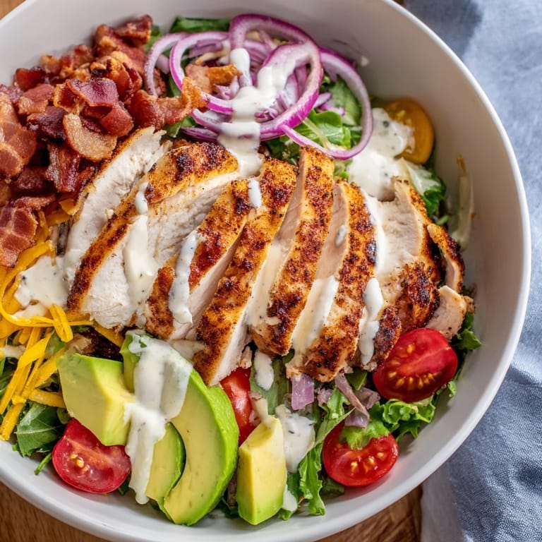 This hearty Crispy Bacon Chicken Salad shows off crispy bacon and tender chicken in a bowl.