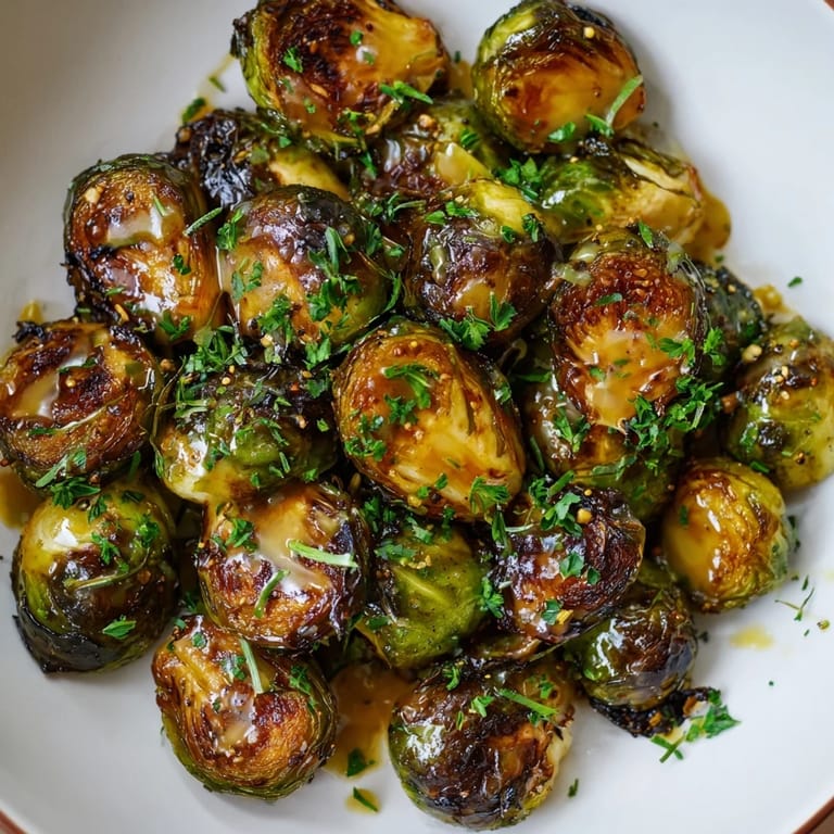 A close-up of perfectly caramelized Honey Mustard Glazed Brussels Sprouts, showcasing texture and flavor.