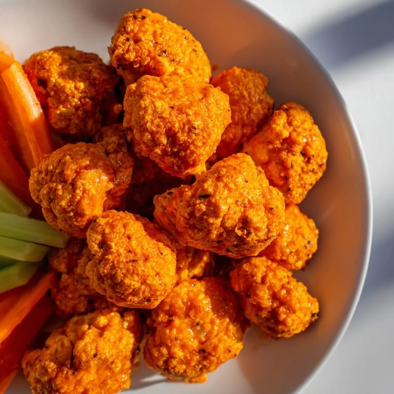 Vibrant plate of crispy buffalo cauliflower bites, perfect as a snack with cool ranch dressing.