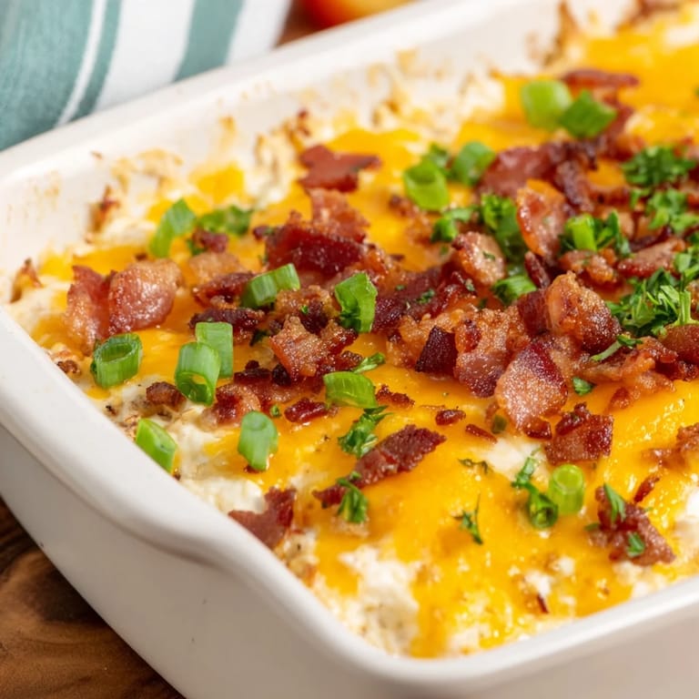 Warm, creamy Cheesy Bacon Ranch Dip, topped with crispy bacon, perfect for dipping tortilla chips.