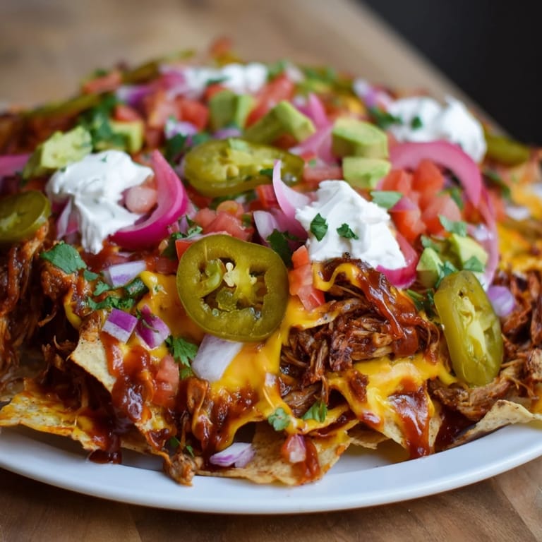 Warm, smoky pulled pork sits atop crispy tortilla chips covered in creamy queso for these Loaded Nachos.