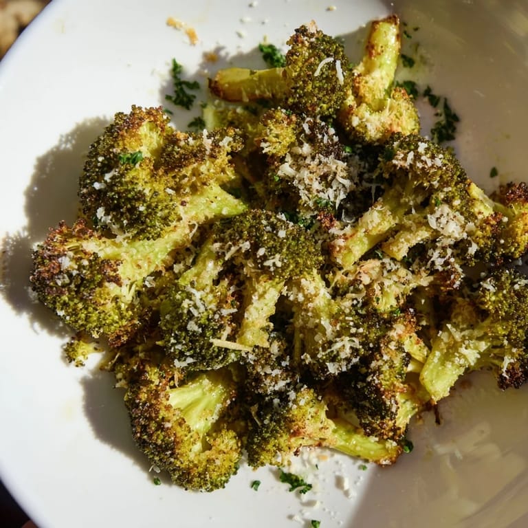 Vibrant image of Garlic Parmesan Roasted Broccoli, perfectly roasted florets with melted cheese.