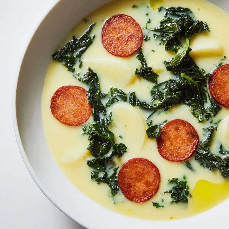 Enjoy a hearty, gluten-free bowl of Caldo Verde, beautifully garnished for serving.