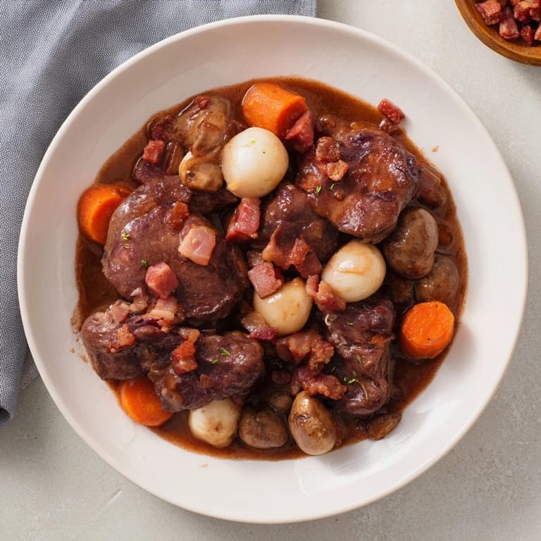 Smoky bacon and succulent chicken pieces simmered in red wine form a classic Coq au Vin.