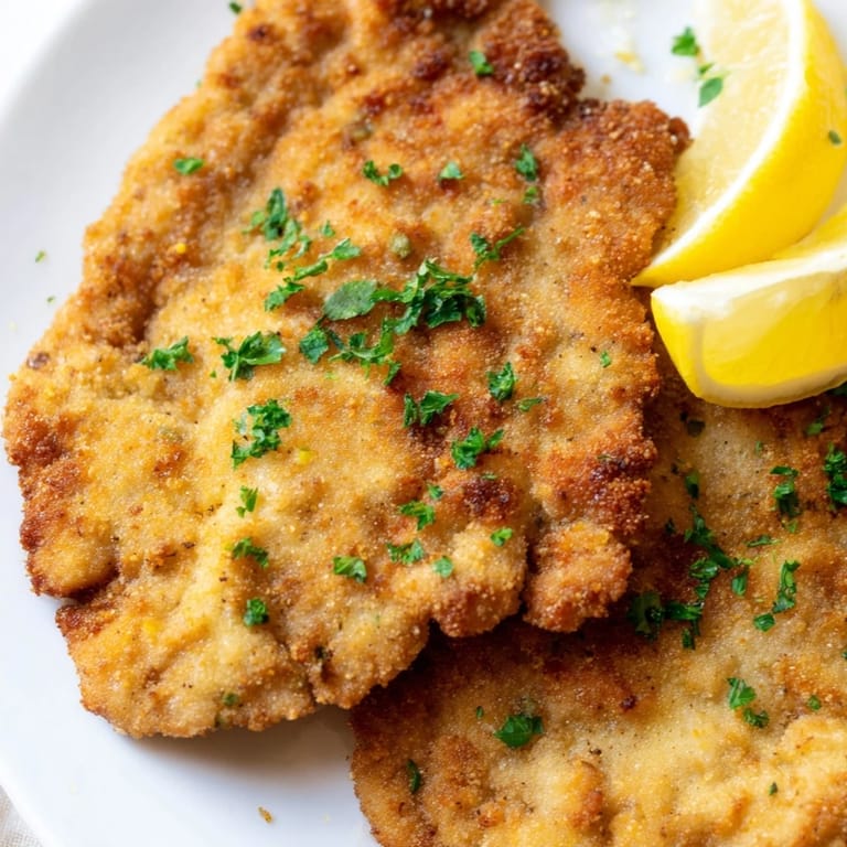 A close-up view of a freshly cooked Austrian Wiener Schnitzel, golden and incredibly flavorful.