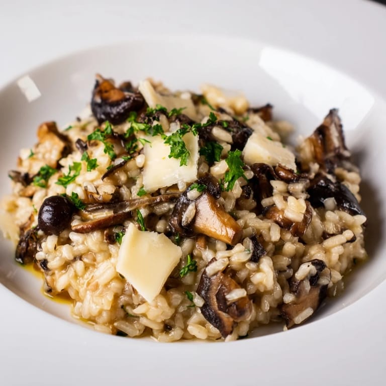 A warm bowl of Italian Mushroom Risotto, rich and flavorful, garnished with fresh parsley and extra Parmesan.