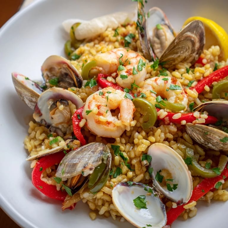 Golden saffron rice visible beneath a delicious assortment of shellfish in the Paella.