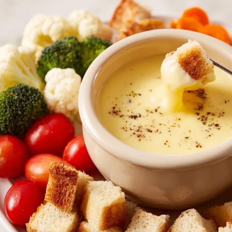 Rustic presentation of Swiss cheese fondue, served with bread, creating a perfect vegetarian meal.