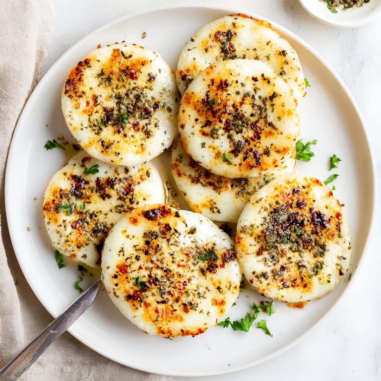 Close-up of Crispy Rice Cake Cheese Stacks showing melted mozzarella and parmesan, with a side of marinara for dipping.