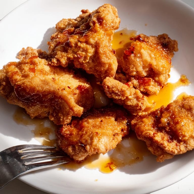 Freshly cooked hot honey butter chicken pieces topped with a drizzle of spicy honey glaze, perfect for a weeknight dinner.