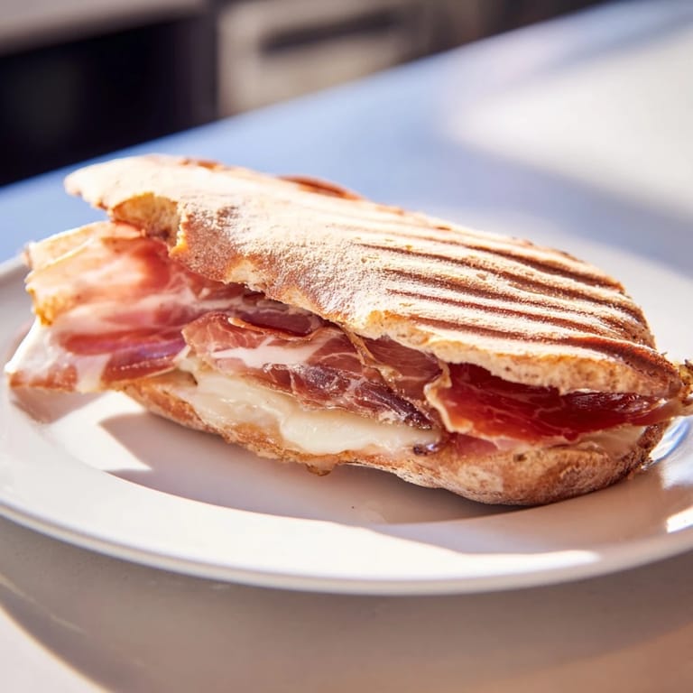 Warm Crispy Prosciutto & Fig Panini is sliced to reveal its savory and sweet fillings, served on a wooden board.