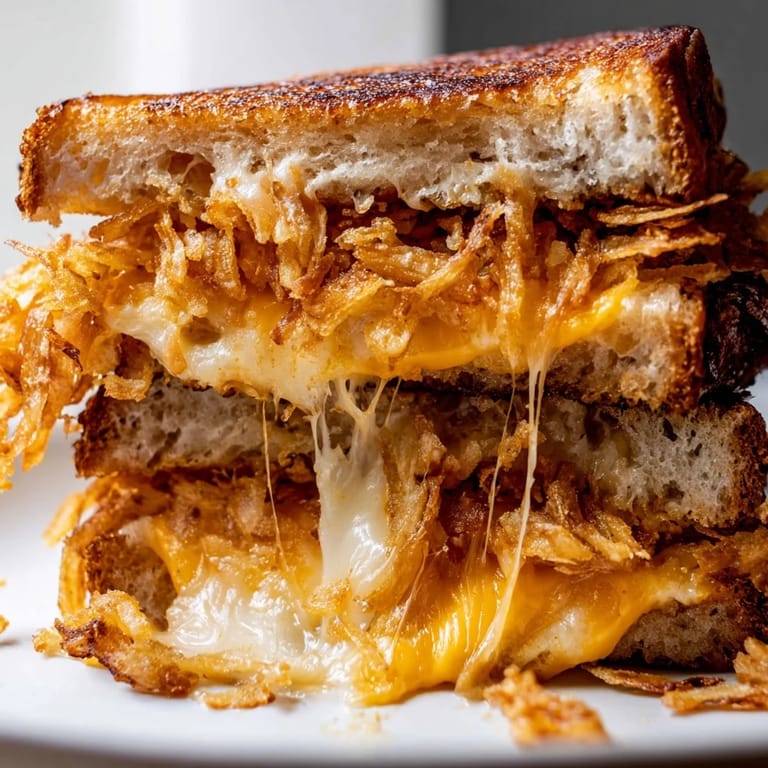 A close-up of the Crispy Onion Grilled Cheese revealing gooey cheese and crunchy onion layers.  