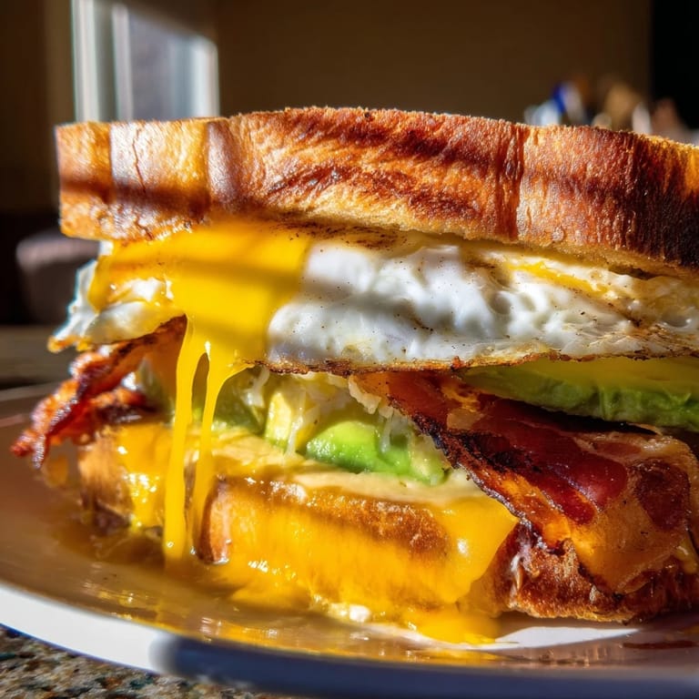 Close-up of a Loaded Breakfast Sandwich with scrambled eggs, bacon, avocado, and spinach, dripping with melted cheese on perfectly toasted bread.
