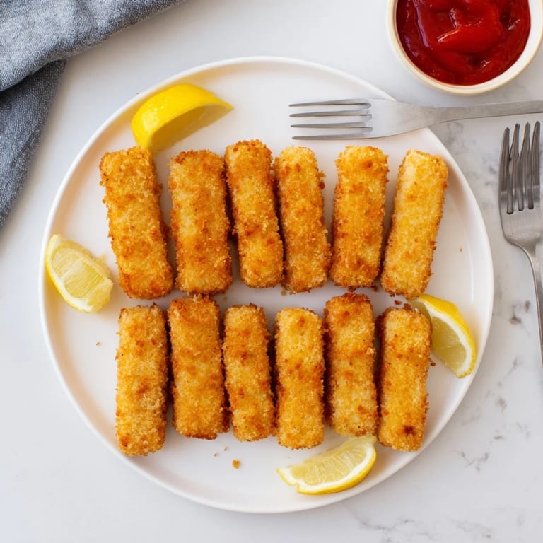 Freshly fried halloumi batons with a crunchy panko crust, garnished with lemon slices and a small bowl of red hot sauce for dipping.  