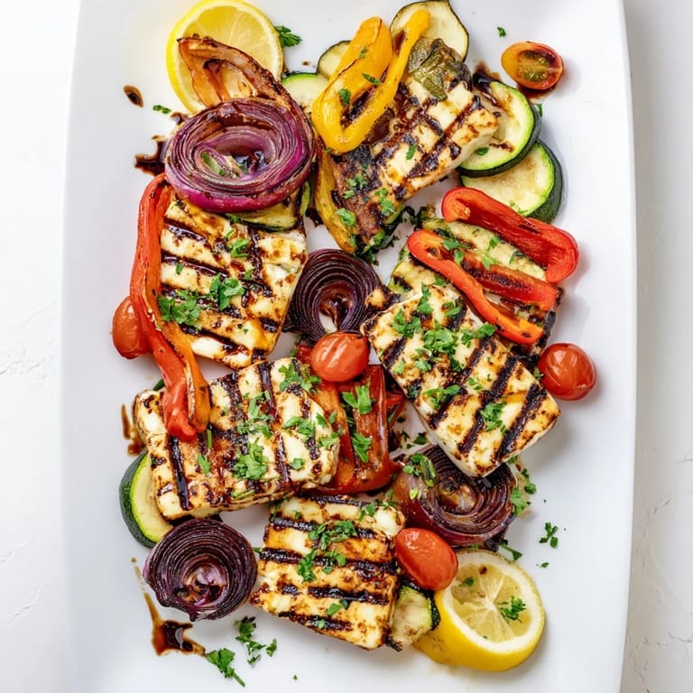 Close-up of a grilled halloumi cheese steak layered with cherry tomatoes, red onion, and oregano, showcasing juicy, appetizing textures.