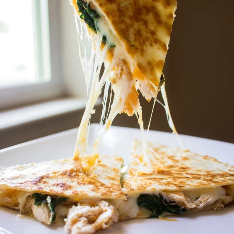 Freshly grilled Chicken and Spinach Quesadilla cut into slices, steam rising, with sour cream on the side.