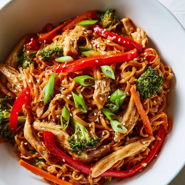 A close-up of colorful Spicy Ramen Stir-Fry, garnished with green onions and toasted sesame seeds.