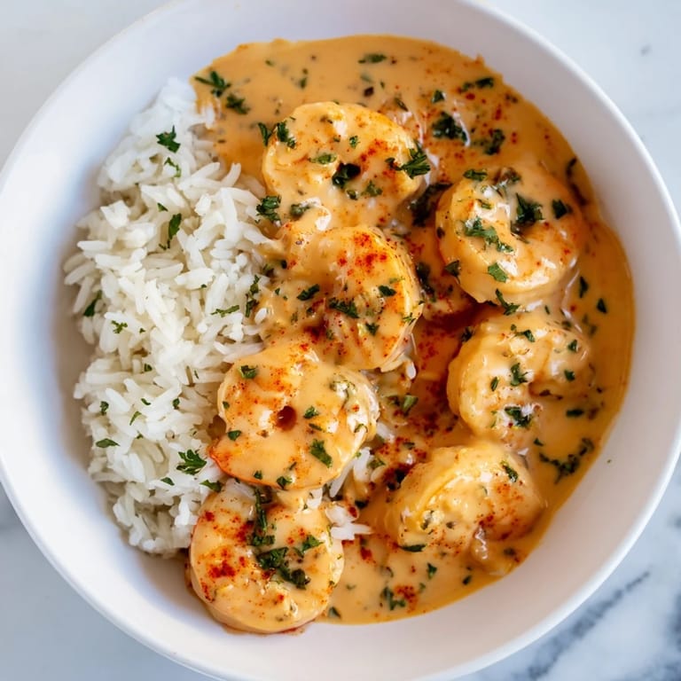 A hearty Creamy Cajun Shrimp Rice Bowl featuring tender shrimp in a savory, spice-infused cream sauce, ready to enjoy.