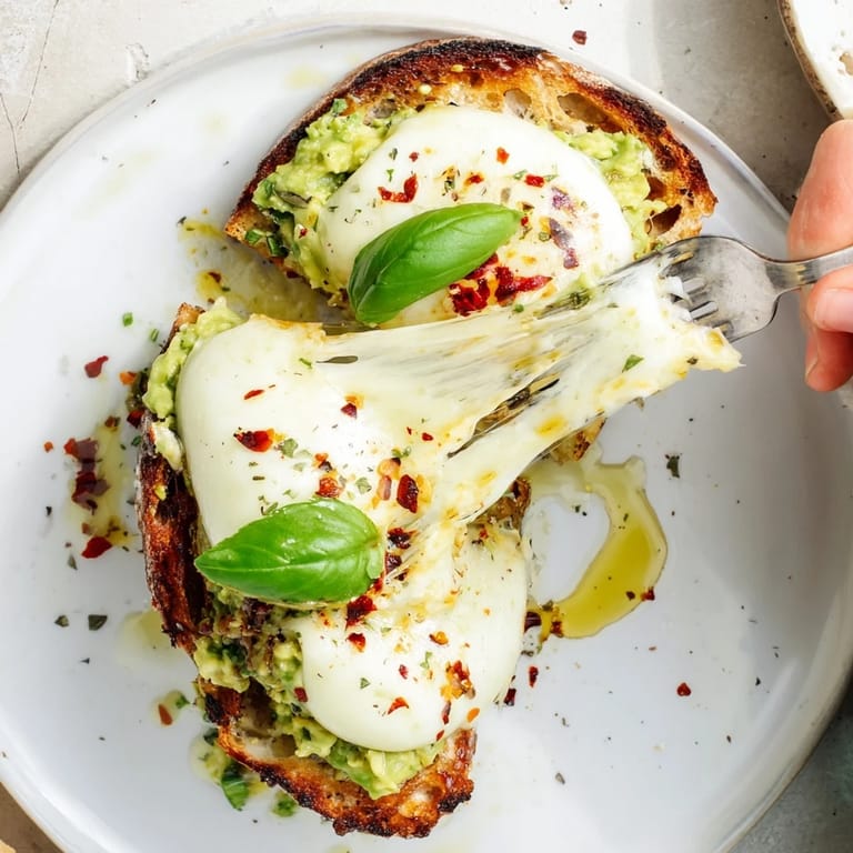 The Avocado Mozzarella Tartine features vibrant green avocado spread on crisp toast, finished with olive oil and fresh basil leaves.