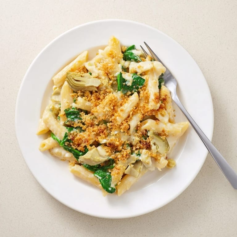 Serving suggestion for Artichoke Pasta Bake, portioned into a bowl with a side salad and a glass of white wine.