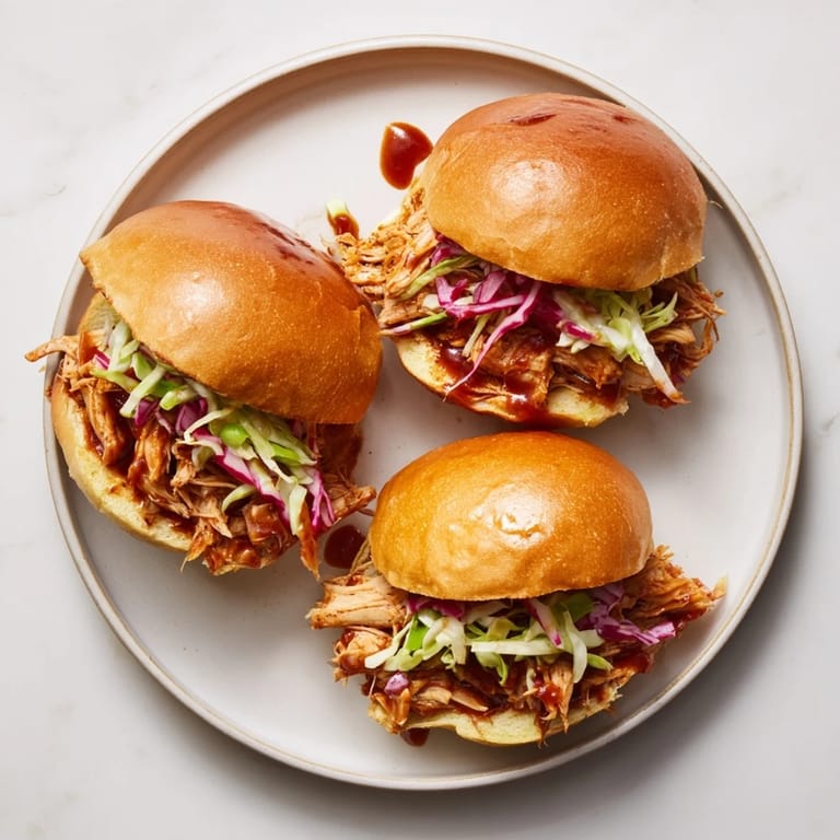 Savory pulled BBQ chicken sliders topped with tangy slaw, perfect for a game day snack.