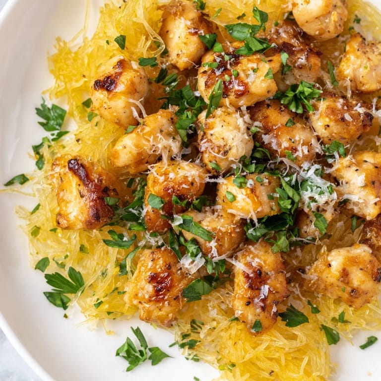 Plate of tender spaghetti squash topped with savory lemon garlic chicken, a sprinkle of Parmesan, and a bright lemon wedge for squeezing.  