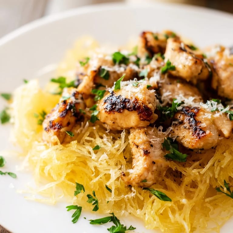 Vibrant serving of spaghetti squash with juicy lemon garlic chicken, fresh herbs, and melted Parmesan, ready for a healthy weeknight meal.