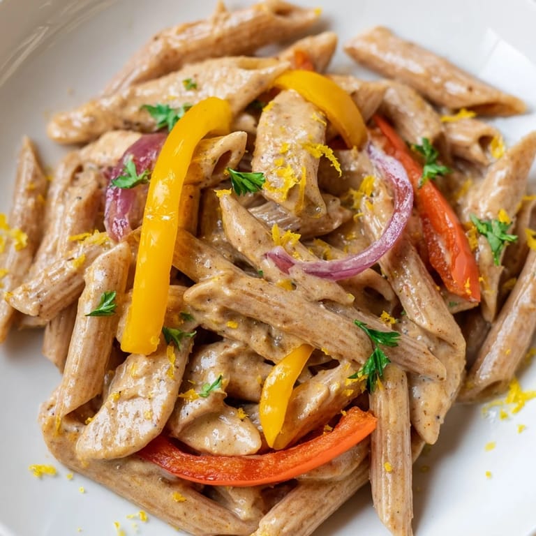 Healthy Creamy Cajun Chicken Pasta Lite plated with a sprinkle of Parmesan, a lemon wedge, and vibrant peppers for a flavorful main dish.