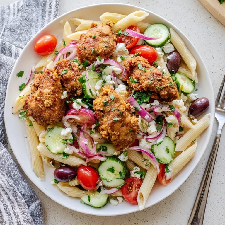Hearty Mediterranean Crispy Chicken Greek Pasta is tossed with fresh vegetables and a zesty red wine vinegar dressing.
