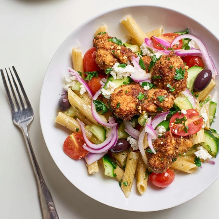Savory Crispy Chicken Greek Pasta is garnished with Kalamata olives and parsley, served warm for a satisfying family dinner.