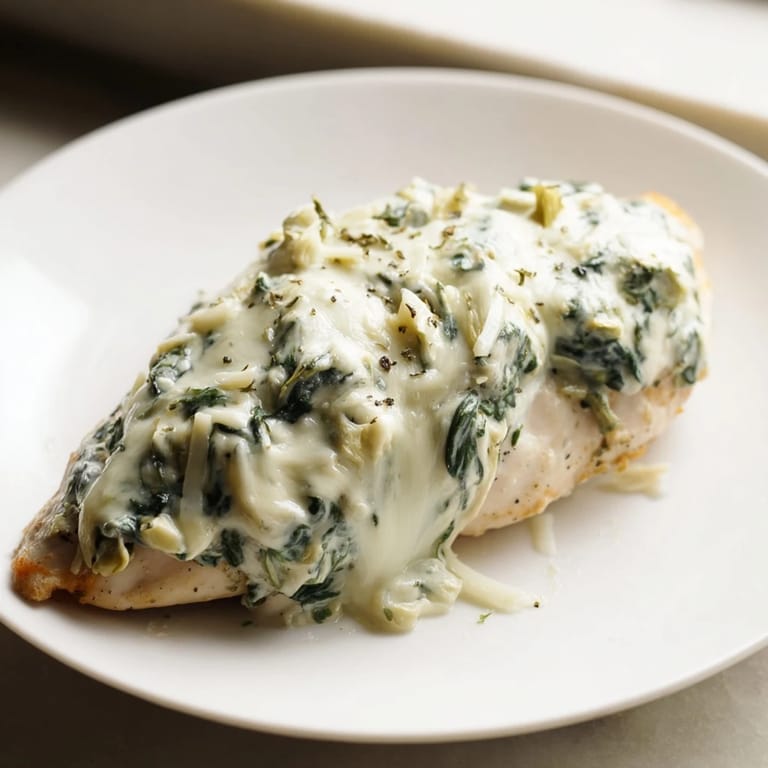 Easy weeknight dinner: baked chicken with bubbly, golden spinach and artichoke topping.