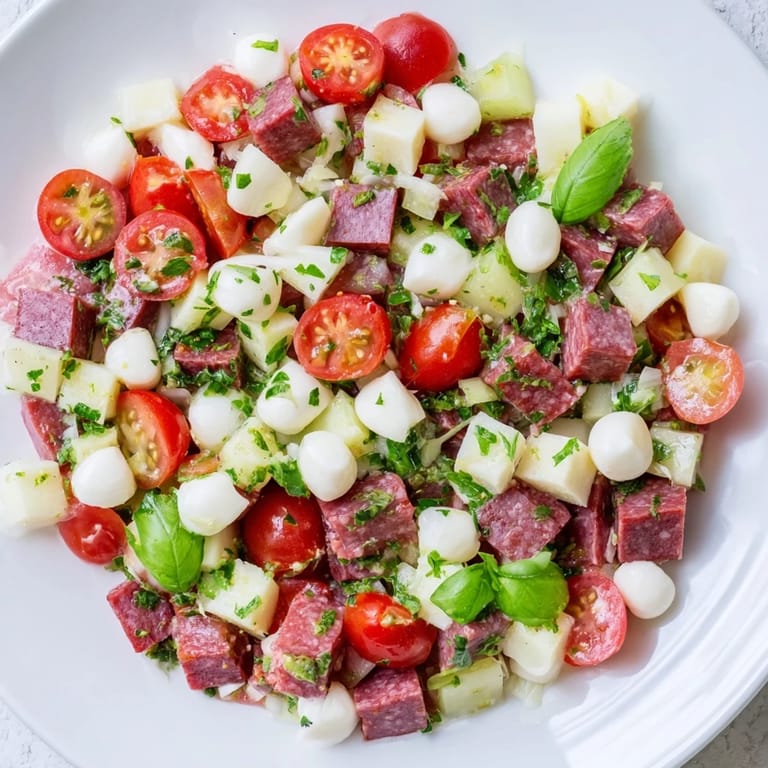 A colorful bowl of Crunchy Antipasto Chopped Salad ready to serve, garnished with fresh basil and parsley.
