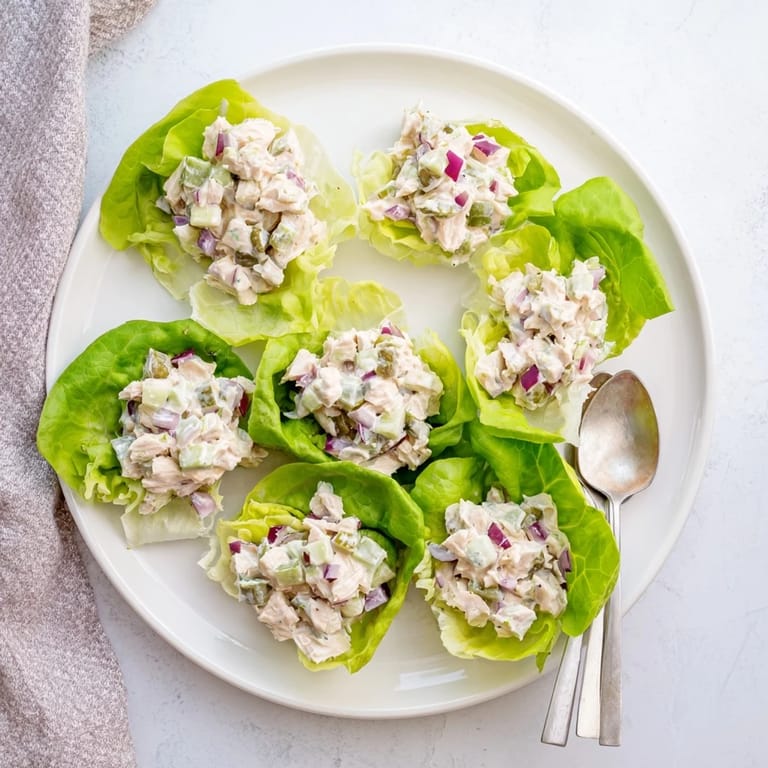 Perfect for a light lunch or low-carb dinner, these dill pickle chicken salad lettuce cups offer a protein-packed meal with vibrant flavors and refreshing texture.