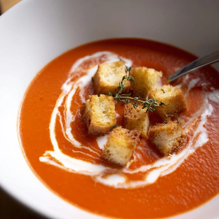 Roasted tomato soup with golden croutons served hot in a rustic ceramic bowl, perfect for a comforting vegetarian meal.  