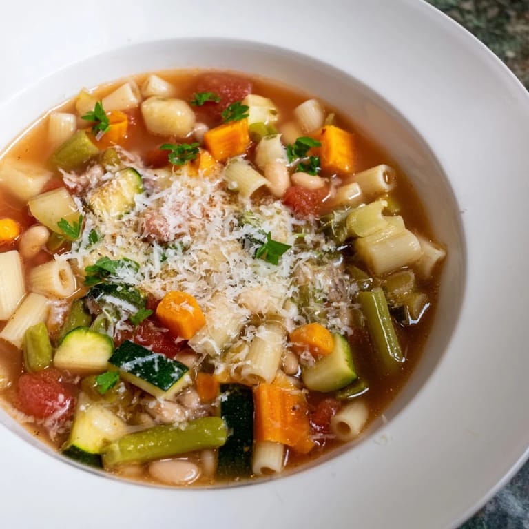 Hearty minestrone vegetable soup in a white bowl, topped with grated Parmesan and fresh basil, served with crusty bread.