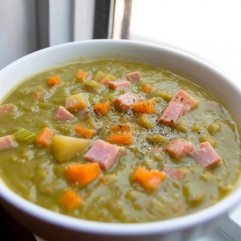 Traditional Split Pea Soup served with crusty bread for a cozy winter meal.