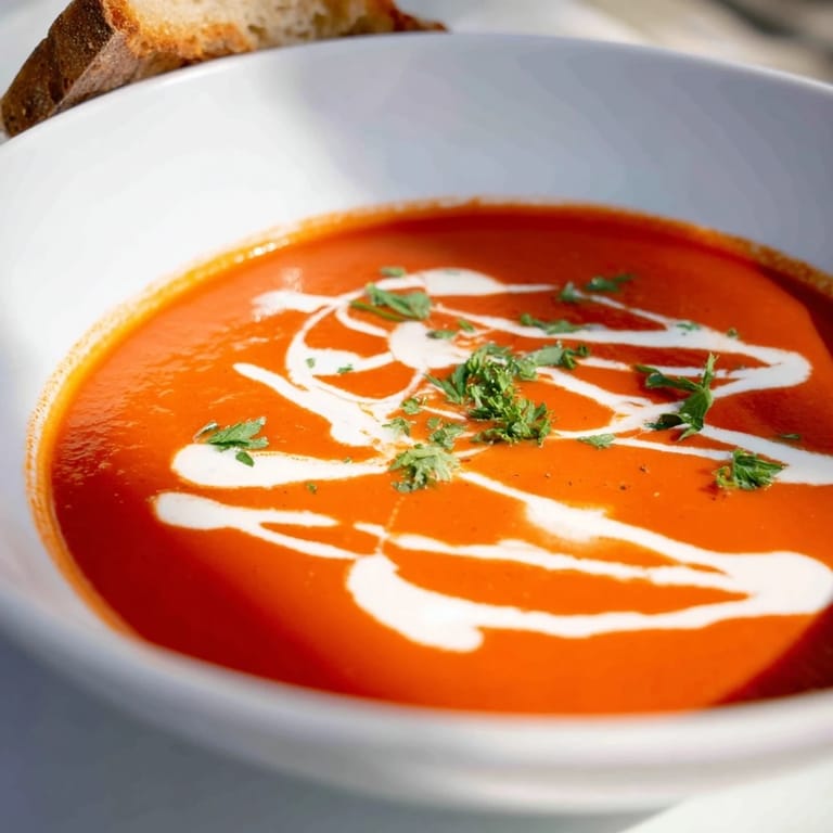 Creamy roasted red pepper soup with a hint of harissa served alongside crusty bread.