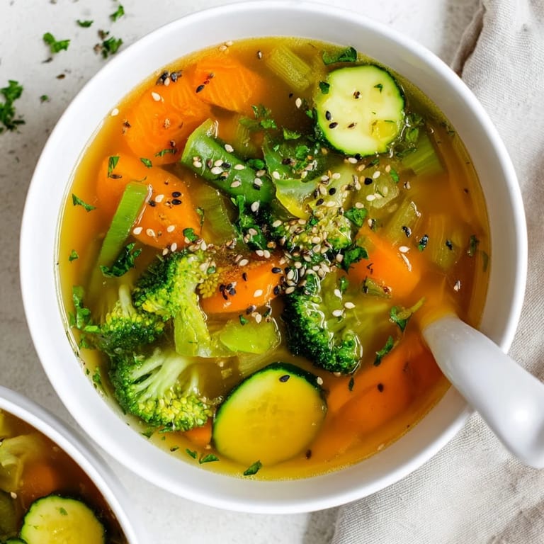 Serving suggestion for the Collagen-Boosting Broth Bowl, a warm, anti-inflammatory dish with bright herbs and a lemon wedge on the side.