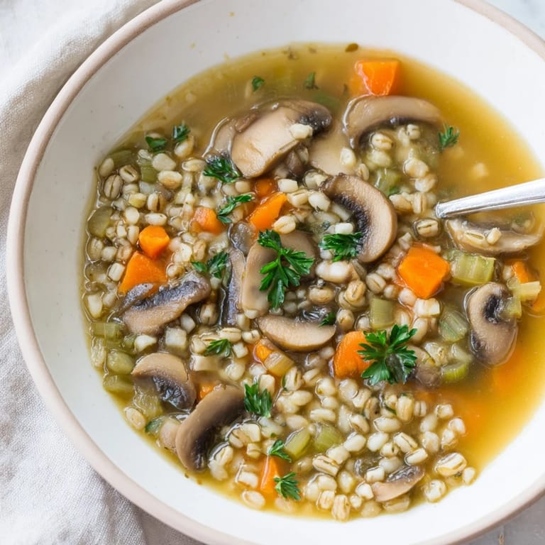 Steaming pot of homemade Mushroom and Barley Soup, simmering with diced carrots, celery, and herbs on a cozy kitchen stovetop.