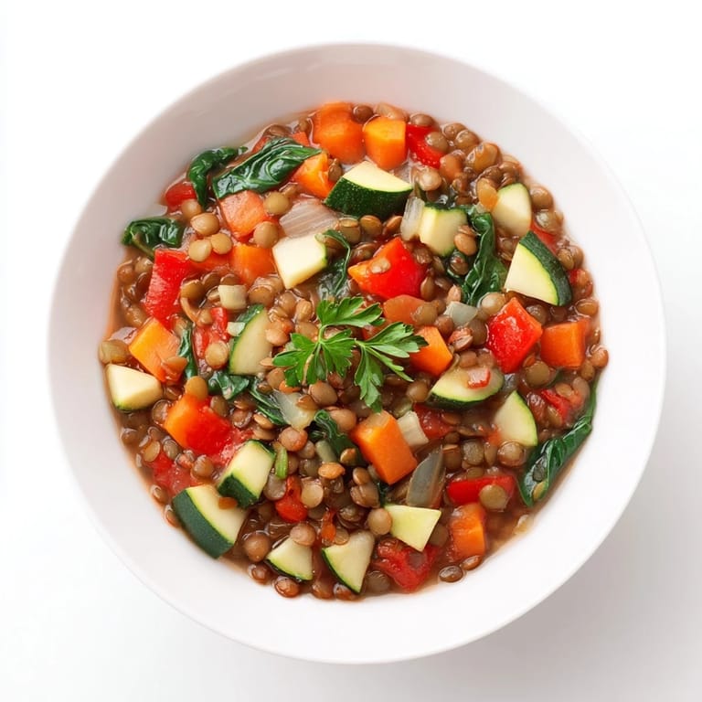Rustic pot of Lentil and Vegetable Soup with lentils, carrots, and spinach, simmering in a richly spiced tomato broth.