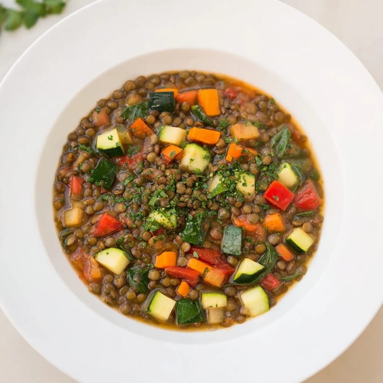 Ready to serve Lentil and Vegetable Soup topped with fresh herbs, lemon wedge, and crusty bread for a comforting meal.