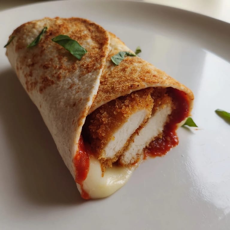 Fresh basil and rich marinara sauce drape over a golden-brown chicken cutlet inside a warm flour tortilla.  