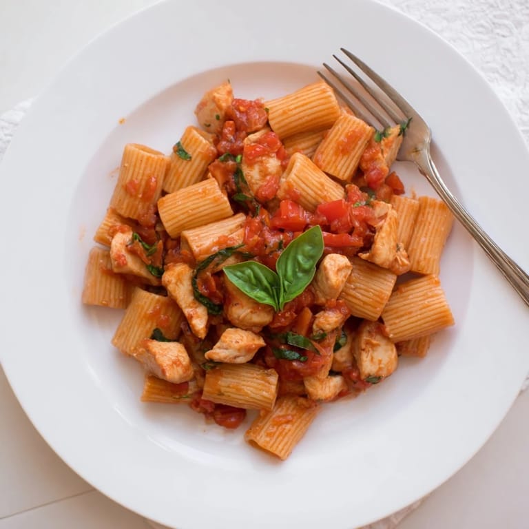 Tomato Basil Chicken Pasta served hot with melted Parmesan and crusty bread on the side.