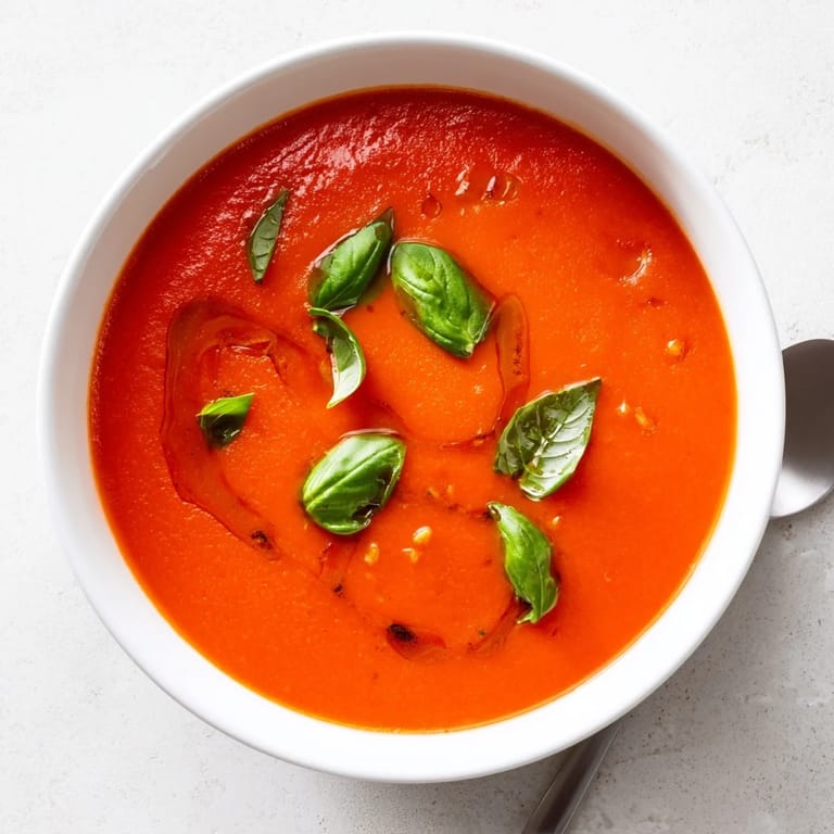 Creamy Tomato and Basil Soup served hot in a rustic bowl with a grilled cheese sandwich on the side.